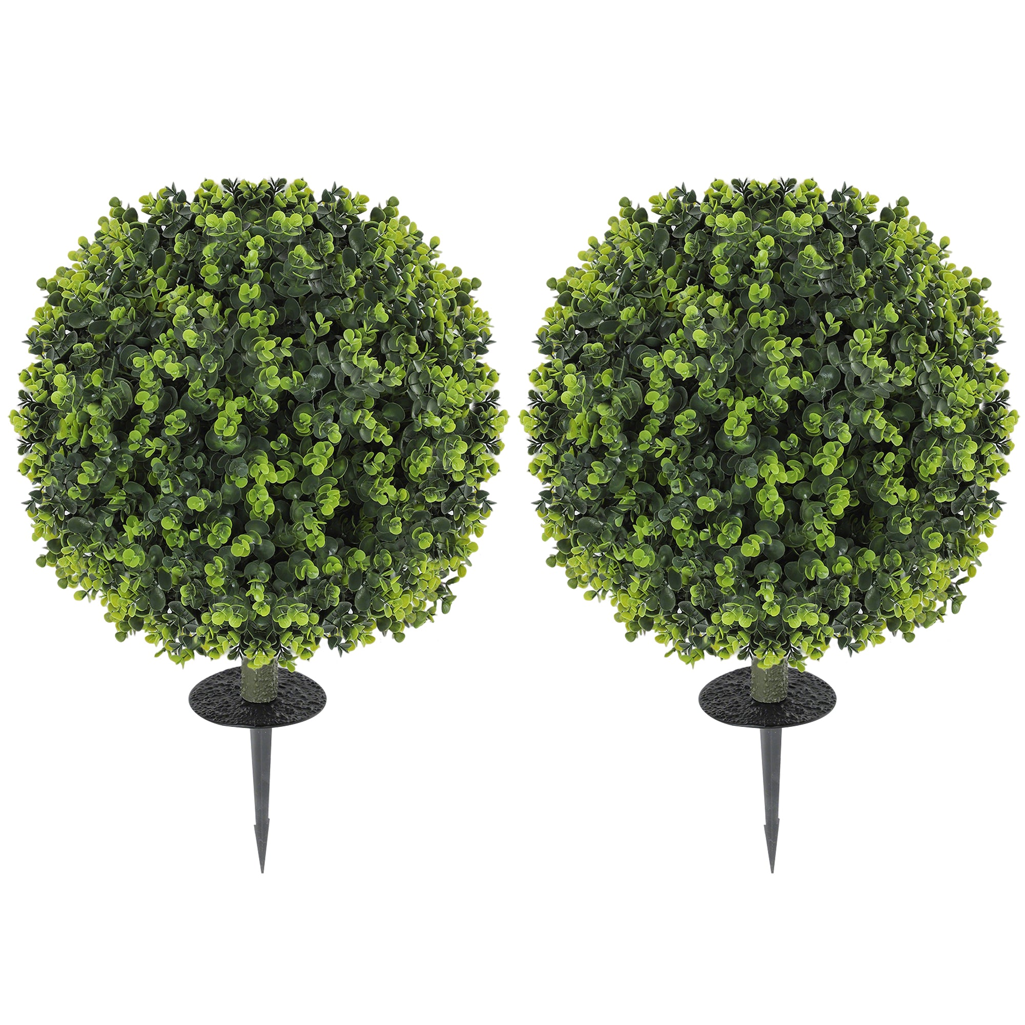 HOMCOM Set of 2 40 cm Artificial Boxwood Topiary Ball Bush with Integrated Ground Stake, Indoor Outdoor UV Resistant Faux Greenery, Faux Plants for Garden, Porch, Balcony