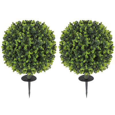 HOMCOM Set of 2 40 cm Artificial Boxwood Topiary Ball Bush with Integrated Ground Stake, Indoor Outdoor UV Resistant Faux Greenery, Faux Plants for Garden, Porch, Balcony 