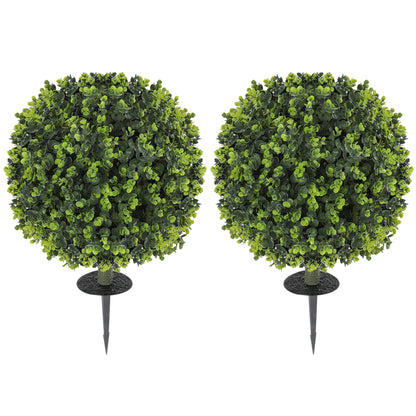 HOMCOM Set of 2 40 cm Artificial Boxwood Topiary Ball Bush with Integrated Ground Stake, Indoor Outdoor UV Resistant Faux Greenery, Faux Plants for Garden, Porch, Balcony