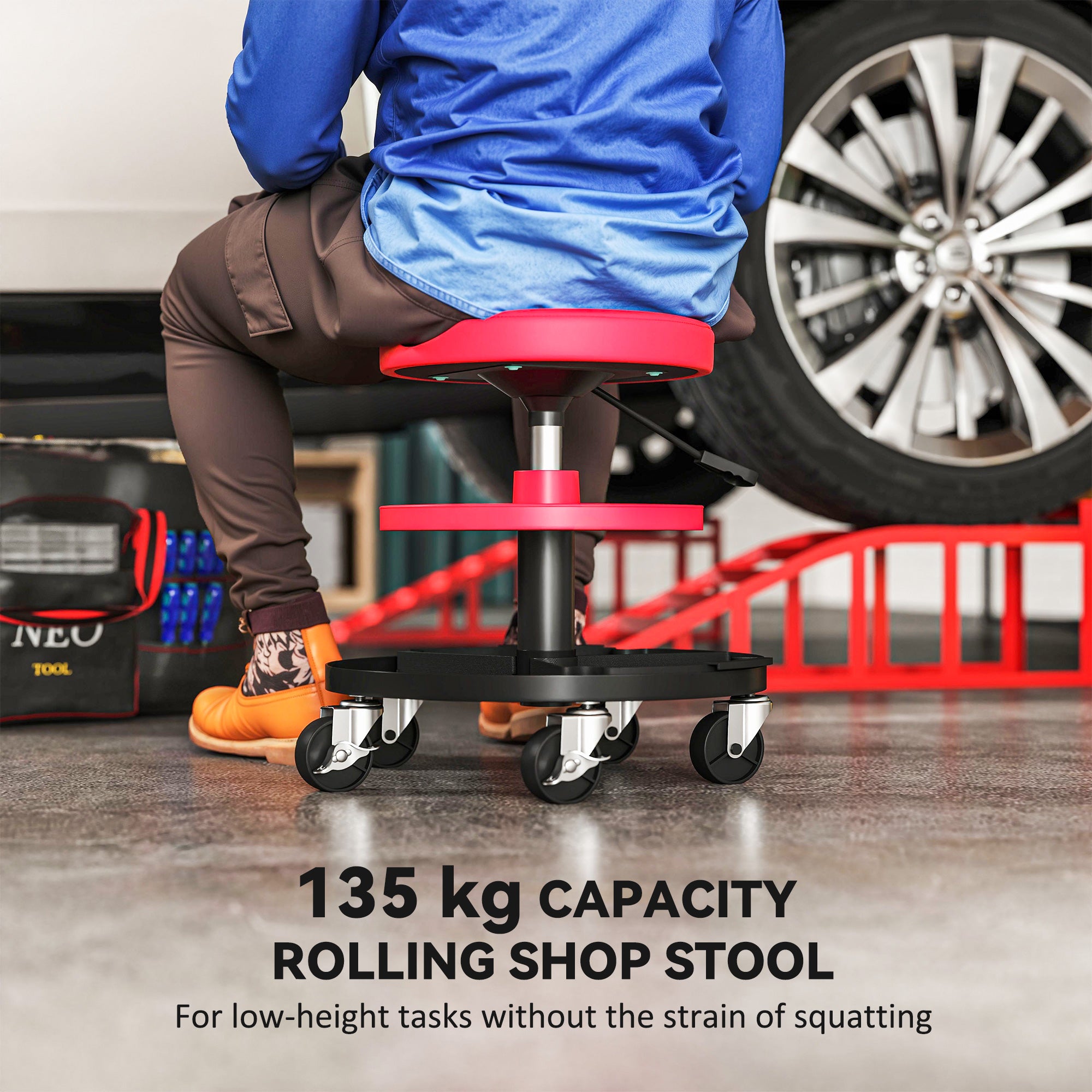 HOMCOM Rolling Mechanic Stool, 135kg Capacity Workshop Stool, 360° Swivel Roller Padded Creeper Seat with Wheels, Tool Trays Storage for Garage, Shop, Auto Repair, Red 