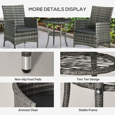 Outsunny 3 Pieces Rattan Bistro Set, Wicker Garden Furniture Set with 2-Tier Coffee Table and Chairs, Washable Cushions, for Outdoor Patio Balcony, Mixed Grey 
