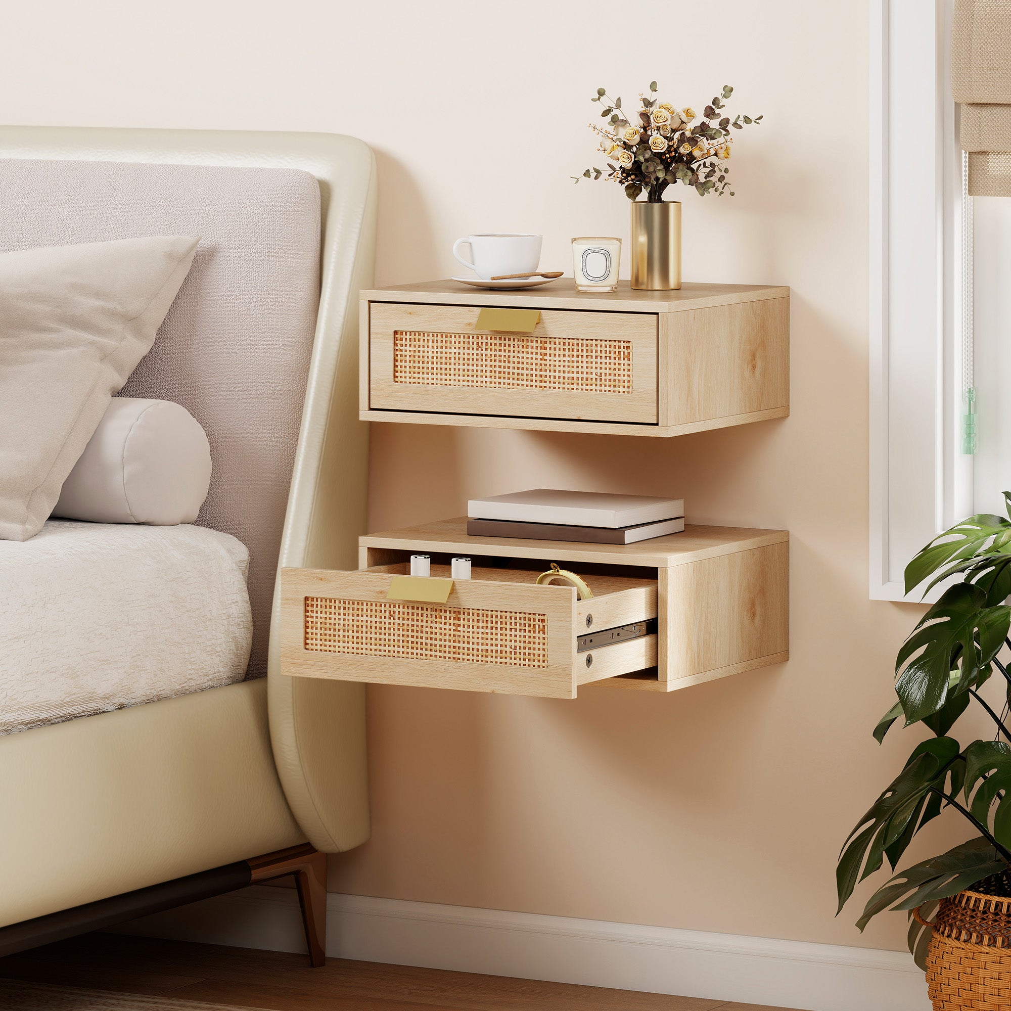 HOMCOM Floating Bedside Tables Set of 2, Wall Mounted Bedside Cabinets with Rattan Drawer and Wood Effect, Oak 
