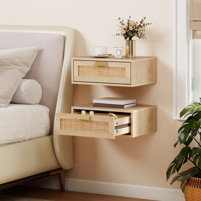 HOMCOM Floating Bedside Tables Set of 2, Wall Mounted Bedside Cabinets with Rattan Drawer and Wood Effect, Oak 