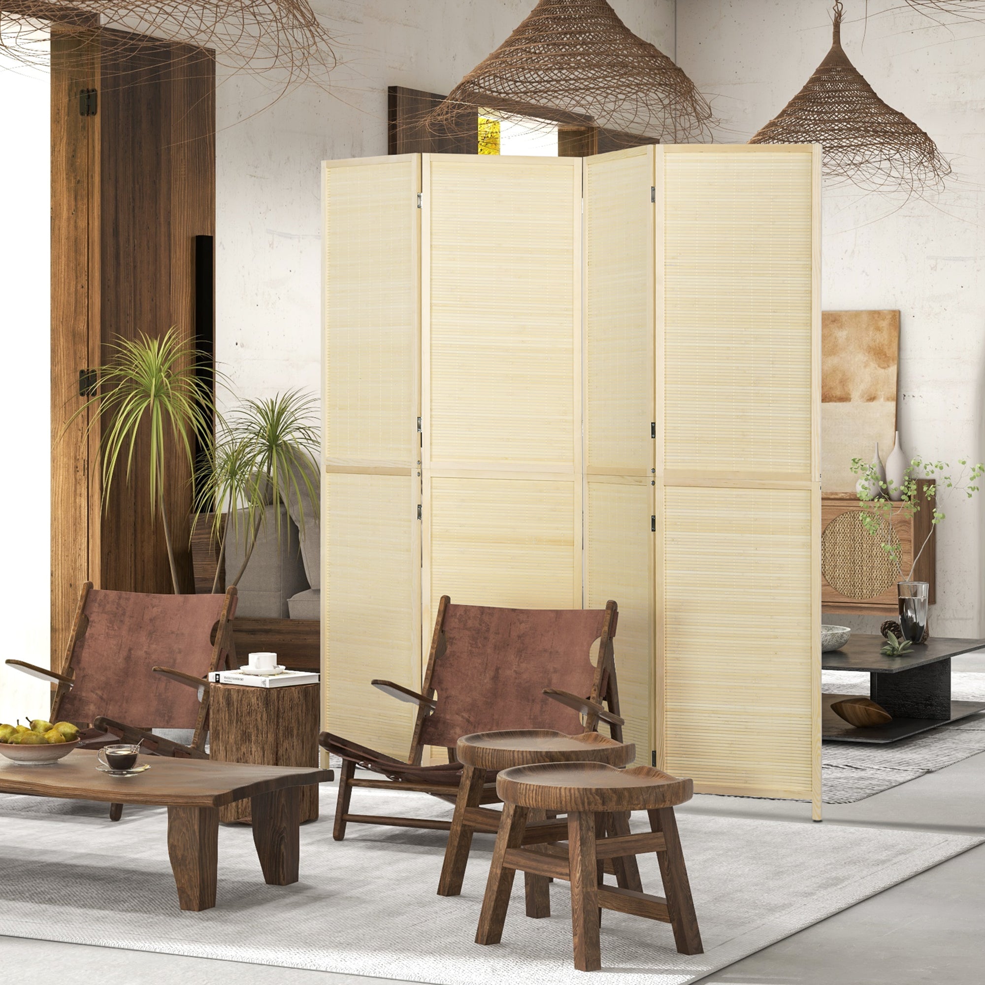 HOMCOM Room Divider, Freestanding Privacy Screen, 4 Panel Folding, 180 x 180cm, Natural 