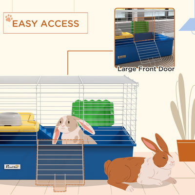 PawHut Chinchillas Small Rabbit Guinea Pig Small Animal Cage, Pet Playhouse, with Platform, Ramp, 71 x 46 x 47cm, Blue 