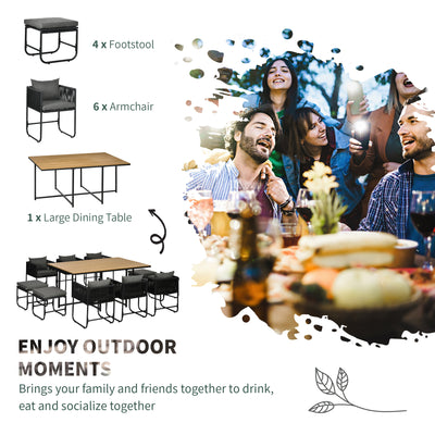 Outsunny 10 Seater Rattan Cube Garden Furniture Set, Rattan Dining Set with Cushions, Outdoor Dining Table and Chairs with 6 Armchairs, 4 Stools, Rectangular Wood Grain Plastic Top Table, Black 