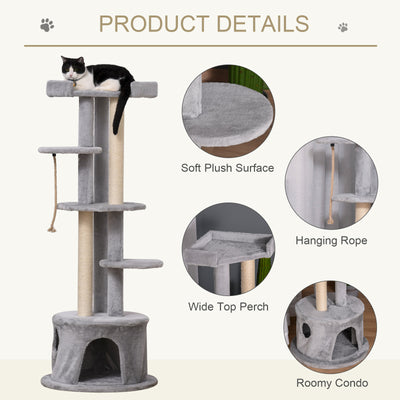 PawHut Cat Tree for Indoor Cats Kitten Tower Multi-level Activity Centre Pet Furniture with Scratching Post Condo Hanging Ropes Plush Perches Grey 