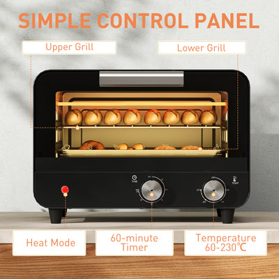 HOMCOM Small Toaster Oven, 12L Multifunction Mini Countertop Oven with Glass Door, Adjustable Temperature and Timer, Black 