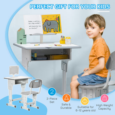 HOMCOM Kids Adjustable Desk and Chair Set, Book Stand, Pen Slot - Grey 