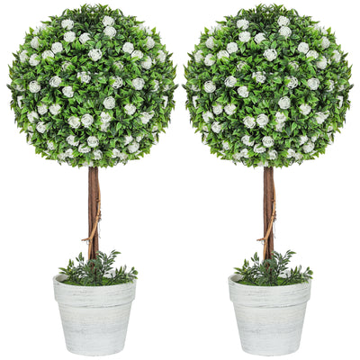 HOMCOM Set of 2 Decorative Artificial Plants, Ball Topiary Tree with Rose Flower in Pot, Fake Plants for Home Indoor Outdoor Decor, 60cm, White 
