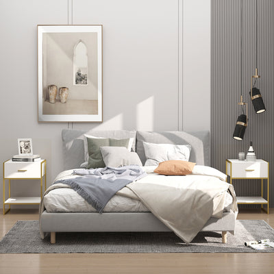HOMCOM Modern Bedside Table, Nightstand with Drawer Shelf, Side Table for Living room, Bedroom White and Gold, Set of 2 