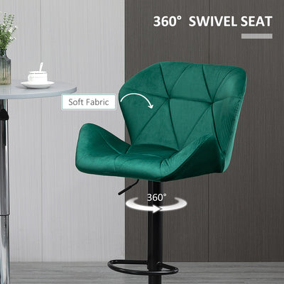 HOMCOM Bar Stools Set Of 2, Luxurious Velvet-Touch Barstools with Metal Frame Footrest Round Base Triangle Indenting Moulded Seat Adjustable Height Swivel Green 