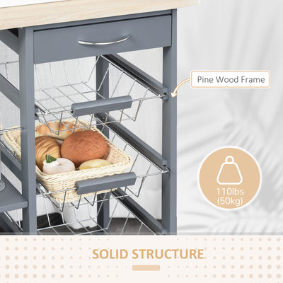 HOMCOM Rolling Kitchen Cart, Utility Storage Cart with 4 Basket Drawers & Side Racks, Wheels for Dining Room, Grey 