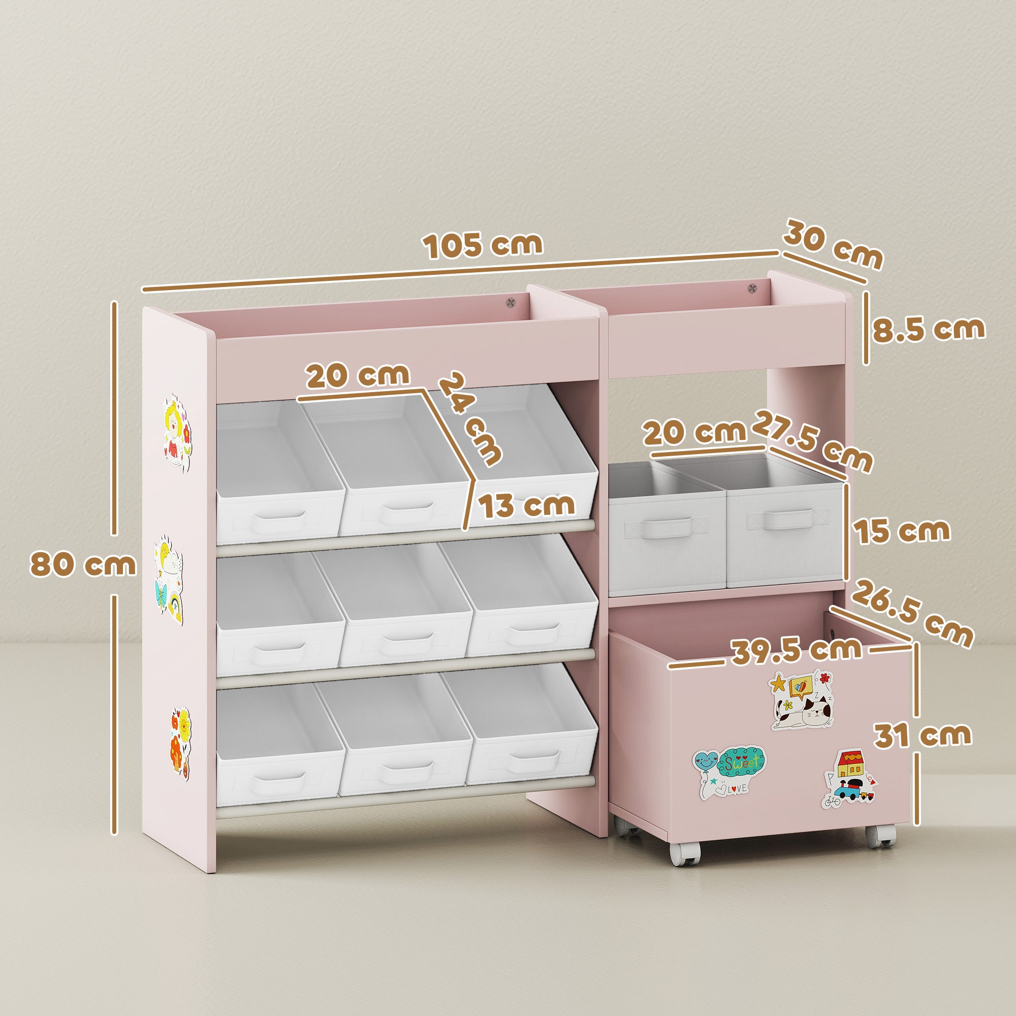AIYAPLAY Kids Toy Storage Unit with 11 Bins, Cabinet, Top Shelves, 3 Stickers, for Nursery, Playroom, Pink 