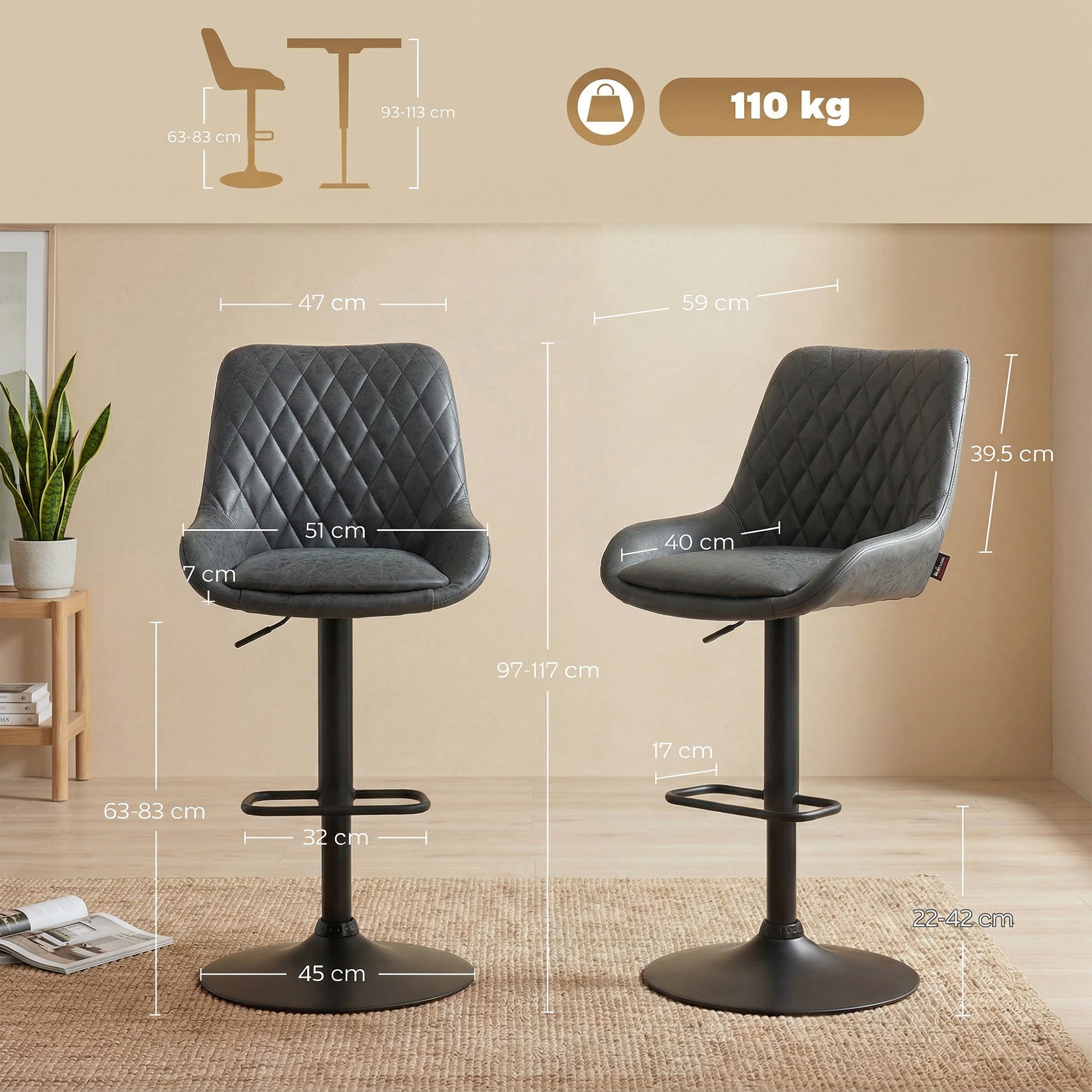 HOMCOM Set of Two Faux Leather Retro Bar Stools - Black 