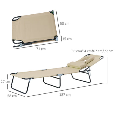 Outsunny Outdoor Foldable Sun Lounger, 4 Level Adjustable Backrest Reclining Sun Lounger Chair with Pillow and Reading Hole, Beige 