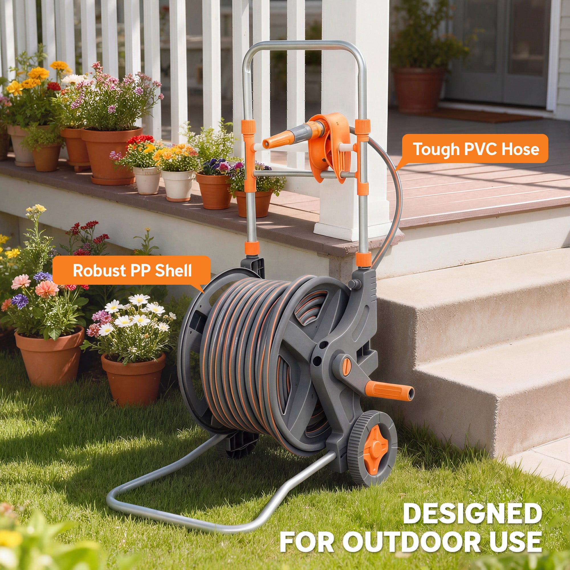 Outsunny Hose Reel Cart with Wheels, 45+2m Garden Hose Reel with 2 Patterns Nozzle, Faucet Adaptors and Rewind Handle, Orange 