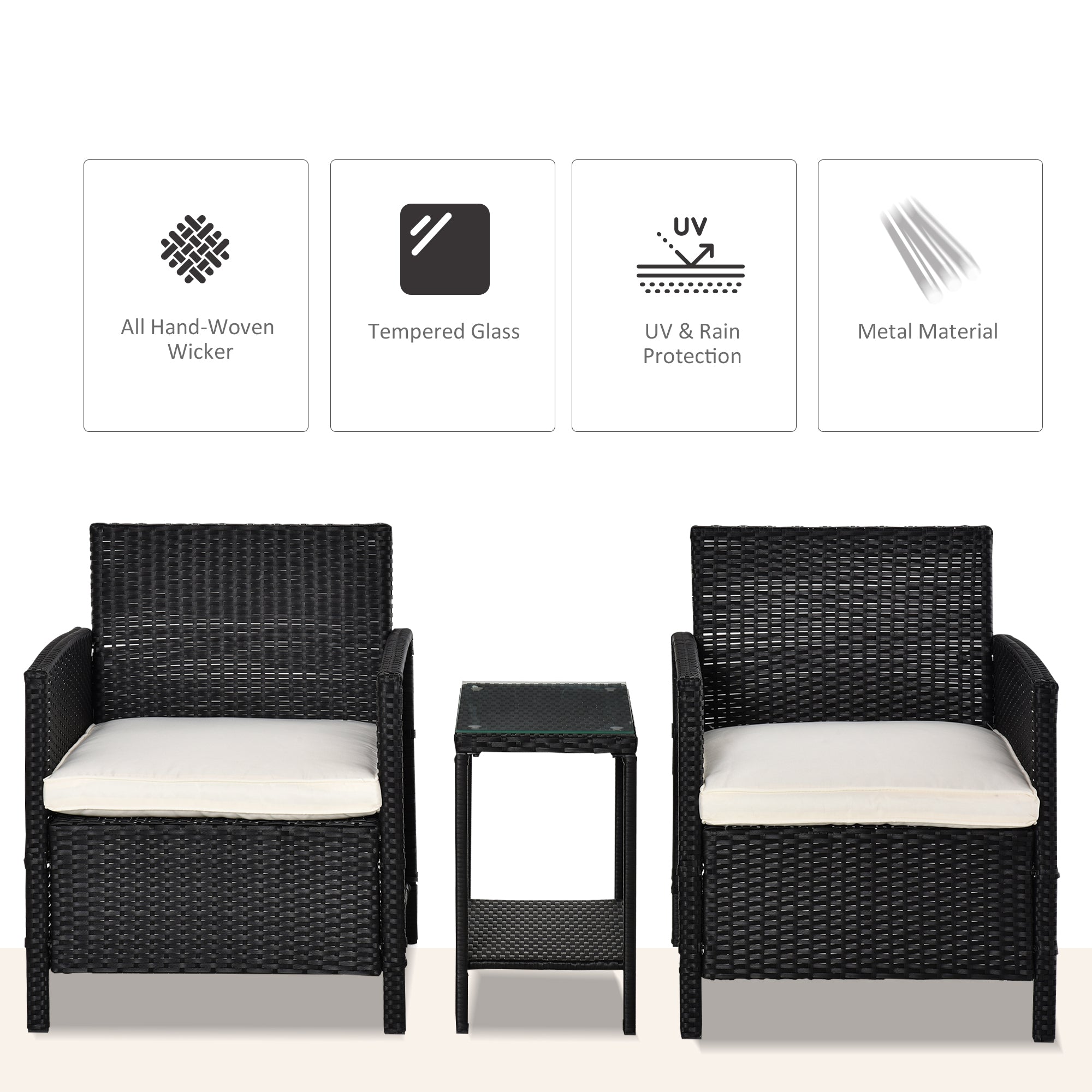 Outsunny 2-Seater PE Rattan Side Table & Armchair Bistro Set Jack and Jill Seat w/ Pillows Black 