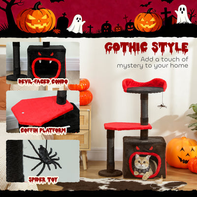 PawHut Cat Tree, Gothic Cat Tower with Scratching Posts, Cute Condo, Coffin Platform, Bed and Spider Toy, Halloween 