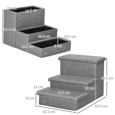 PawHut 3 Steps Pet Stairs, with Storage Boxes, for Bed, Couches - Grey 