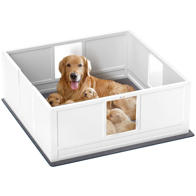 PawHut Whelping Box for Dogs with Whelping Pad, Adjustable Entrance, Non-slip Foot Pads, for Large Dogs, 124 x 120cm 