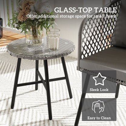 Outsunny 3 Piece Rattan Bistro Set with 2 Chairs, Tempered Glass Table, Cushions, Adjustable Foot Pads for Garden, Balcony, Grey