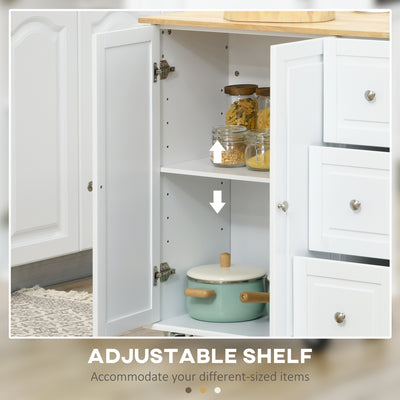 HOMCOM Kitchen Island with Drop Leaf, Rolling Kitchen Storage Trolley on Wheels with 3 Drawers, Spice Rack and Towel Rack, Storage Cart with Rubber Wood Top, White 
