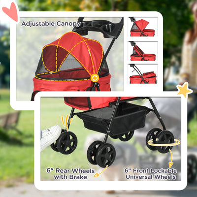 PawHut Dog Pram Dog Stroller Foldable Pet Pushchair with 4 Wheels, Safety Leashes, Cup Holder for Small Dogs, Red 