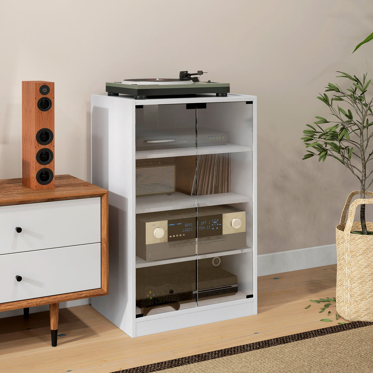 HOMCOM 4-Tier Hi-Fi Stand, Record Player Stand with Adjustable Shelves and Push-to-Open Glass Doors, White Wood-Effect