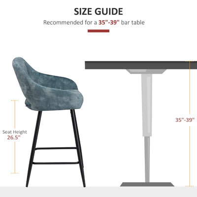 HOMCOM Bar Stools Set of 2, Velvet-Touch Fabric Counter Height Bar Chairs, Kitchen Stools with Steel Legs for Dining Area, Kitchen Island Barstools, Blue 