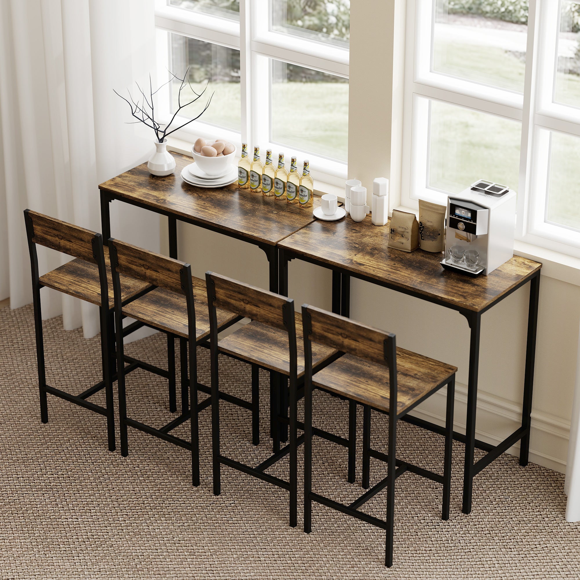 HOMCOM 3-Piece Bar Table Set with 2 Stools, Industrial Breakfast Bar Set with Footrest, Backrest for Dining Room, Small Space 