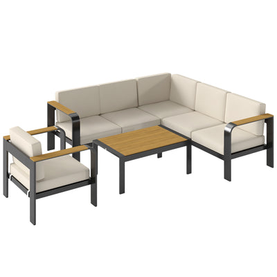 Outsunny 3 Pieces Garden Furniture Set with L-Shaped Sofa, Armchair and Coffee Table, Aluminium Garden Corner Sofa Set 