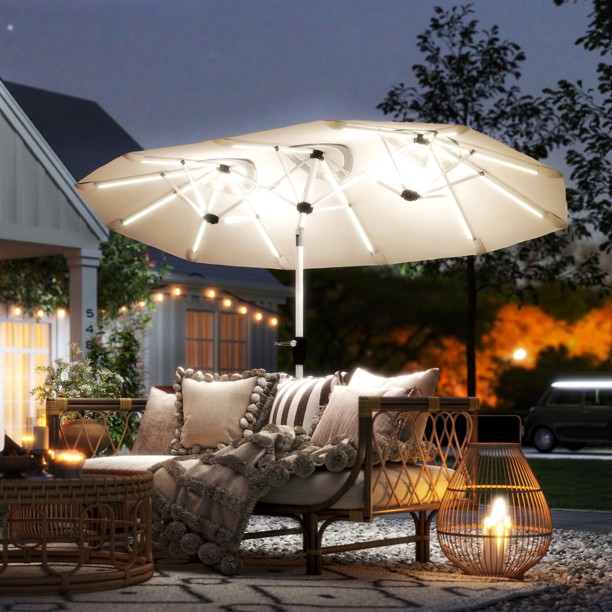 Outsunny 3 m Double-Sided Garden Parasol with LED Solar Lights, Outdoor Extra Large Sun Umbrella with Crank Handle, Cream White 