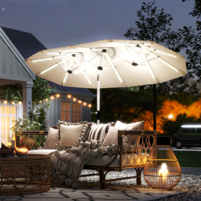 Outsunny 3 m Double-Sided Garden Parasol with LED Solar Lights, Outdoor Extra Large Sun Umbrella with Crank Handle, Cream White 