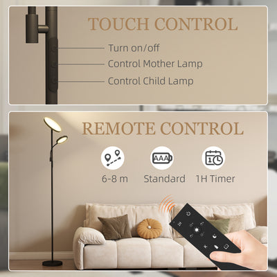 HOMCOM LED Floor Lamp for Living Room, Stepless Dimmable Standing Lamp, Mother and Child Uplighter with Reading Light, 4 Scene Modes, 2700K-6500K Colour Temps, 4 Brightness Levels, Remote Control 