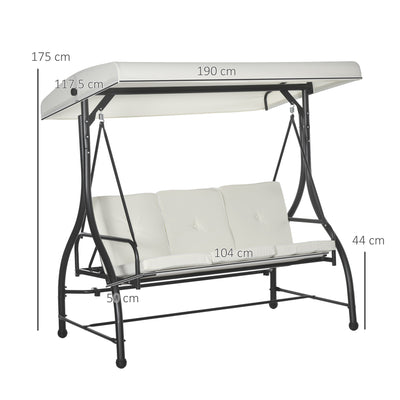 Outsunny 3 Seater Canopy Swing Chair, 2 in 1 Garden Swing Seat Bed, with Adjustable Canopy and Metal Frame, Cream White 