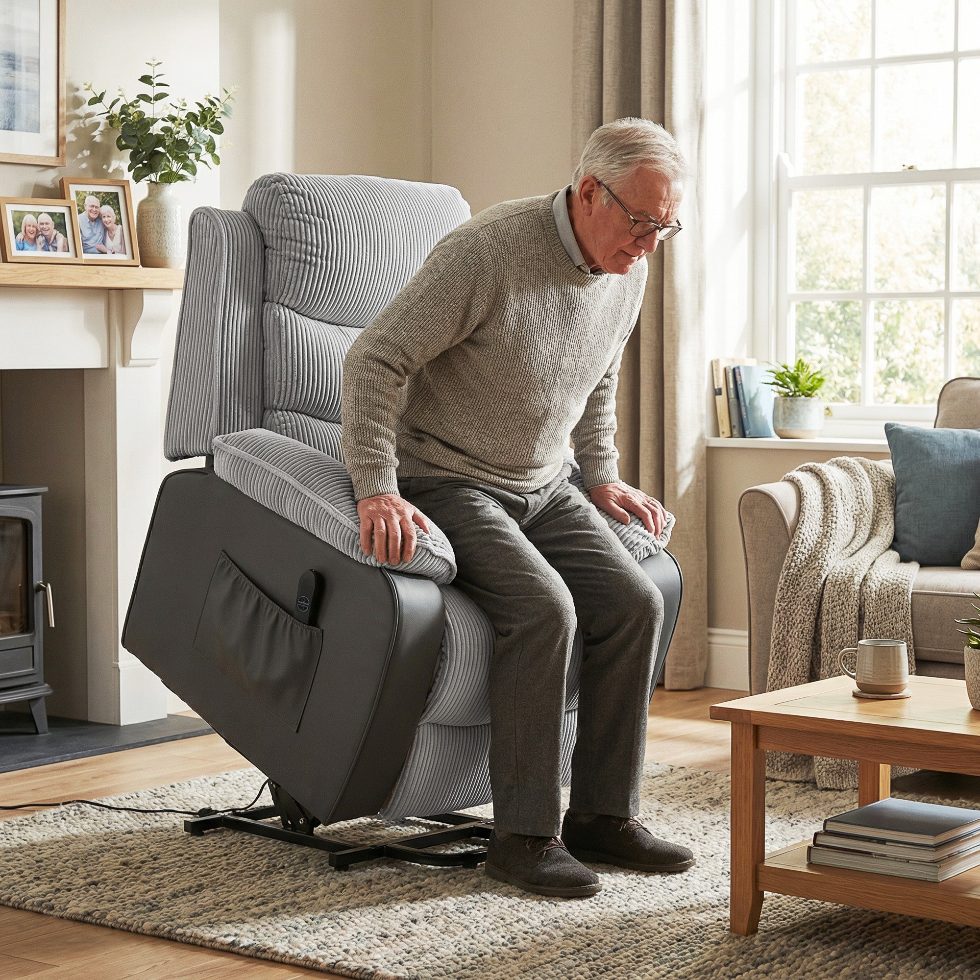 HOMCOM Overstuffed Corduroy Electric Lift Recliner Chair - Light Grey 