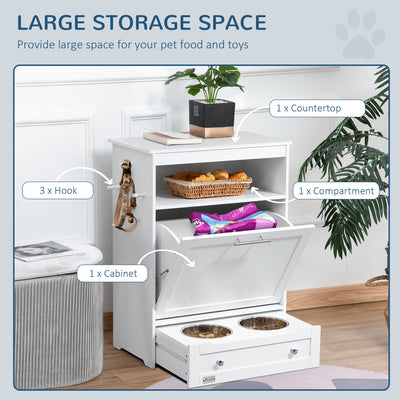 PawHut Pet Feeder Station, Dog, Cat Storage Container, with Raised Bowls, Hanger, Cabinet - White 