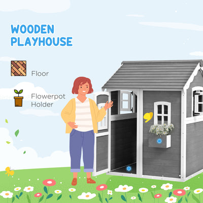 Outsunny Wooden Playhouse for Kids with Doors, Windows, Plant Box, Floors, for Ages 3-8 Years, for Gardens, Lawns, Patios - Grey 