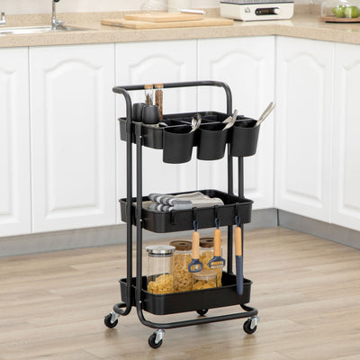 HOMCOM Three-Tier Home Trolley, with Handle and Wheels - Black 