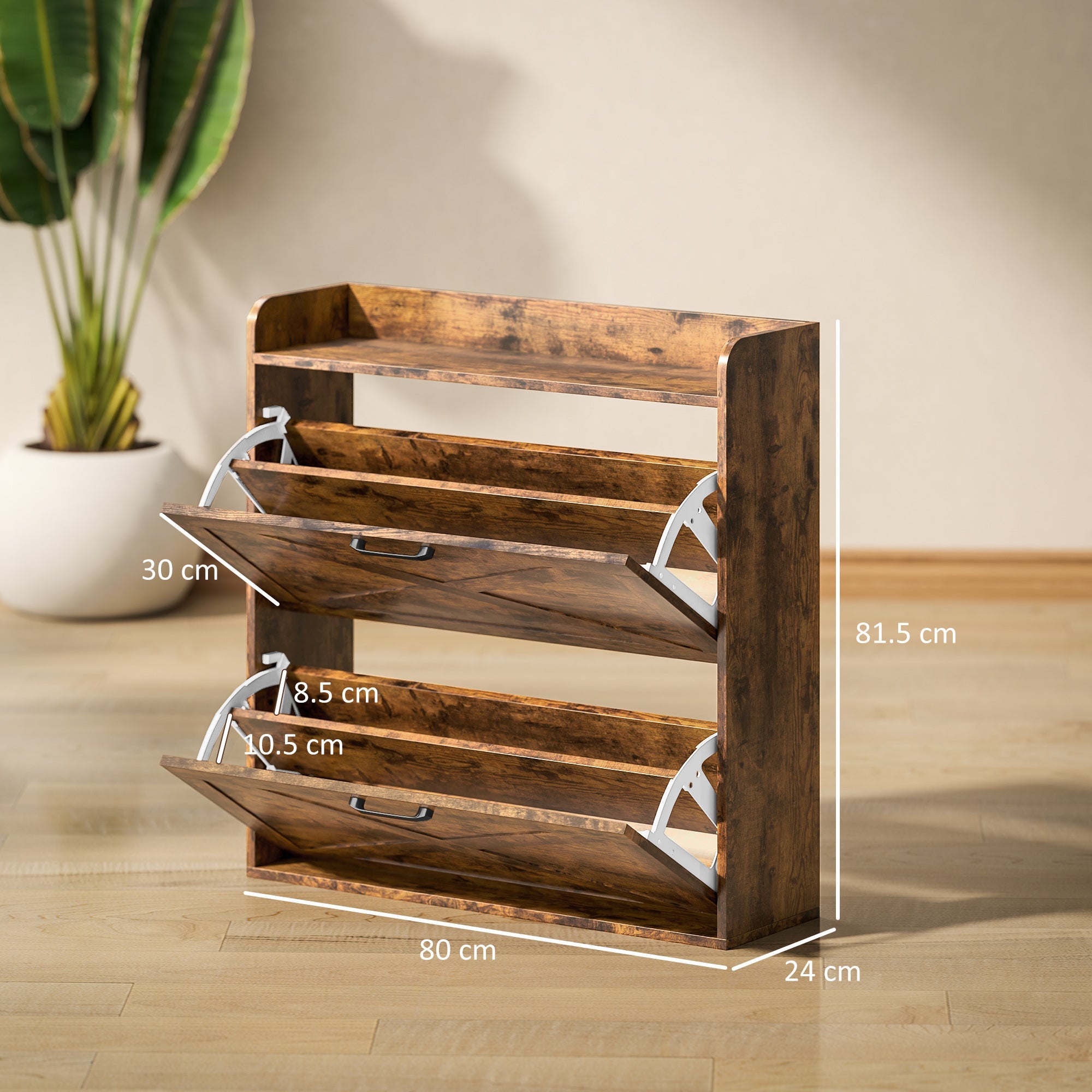 HOMCOM Two Flip Drawer Narrow Shoe Cabinet with Adjustable Shelves - Rustic Brown 