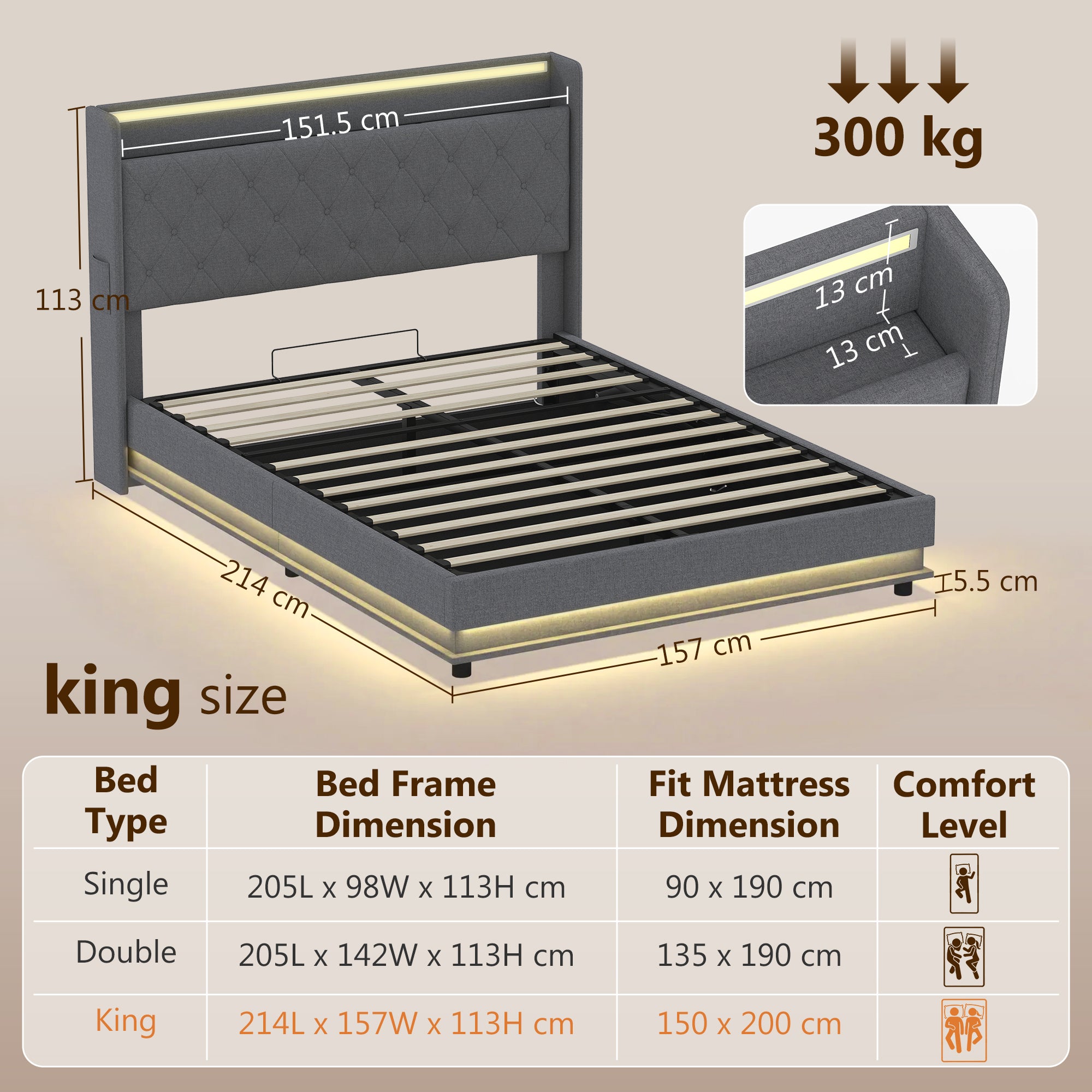 HOMCOM 5ft King Bed Frame with Headboard, Platform Bed Frame with Hydraulic Storage, LED Lights and Charging Station, Grey 