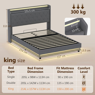 HOMCOM 5ft King Bed Frame with Headboard, Platform Bed Frame with Hydraulic Storage, LED Lights and Charging Station, Grey 