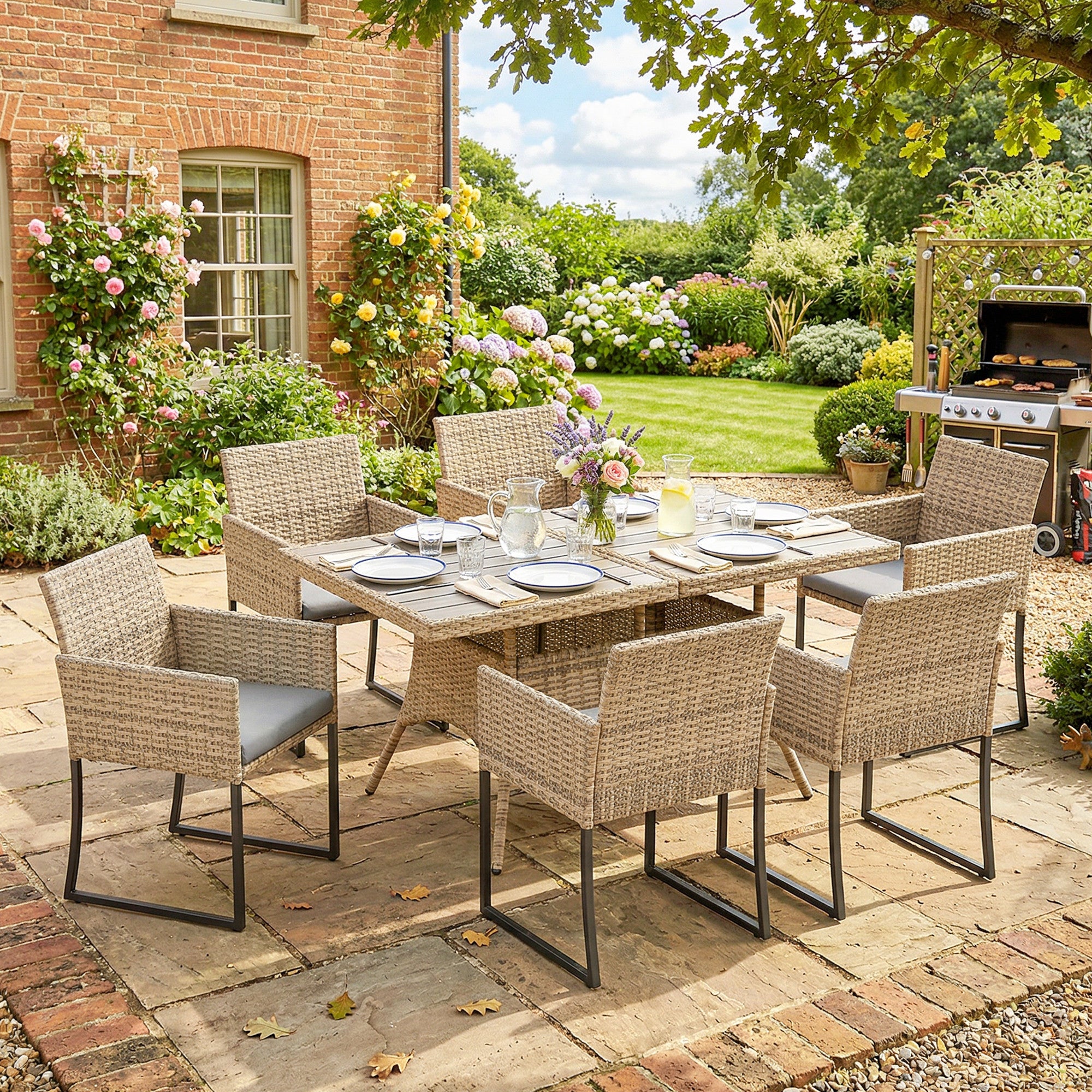 Outsunny 7 Piece Rattan Garden Furniture Set, Garden Dining Set with Wood-Plastic Table and 6 Stackable Chairs, Dark Grey 