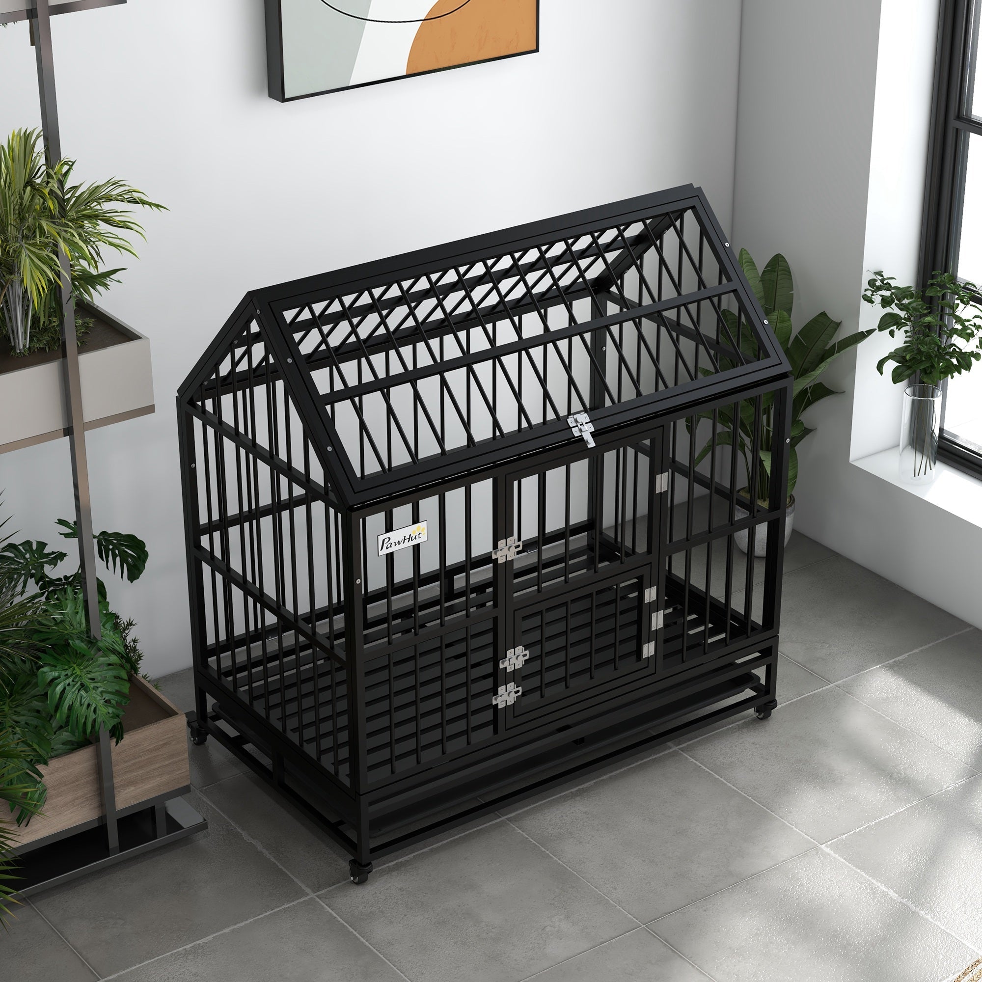 PawHut 48" Heavy Duty Dog Crate on Wheels, with Removable Tray, Openable Top, for L, XL Dogs - Black 
