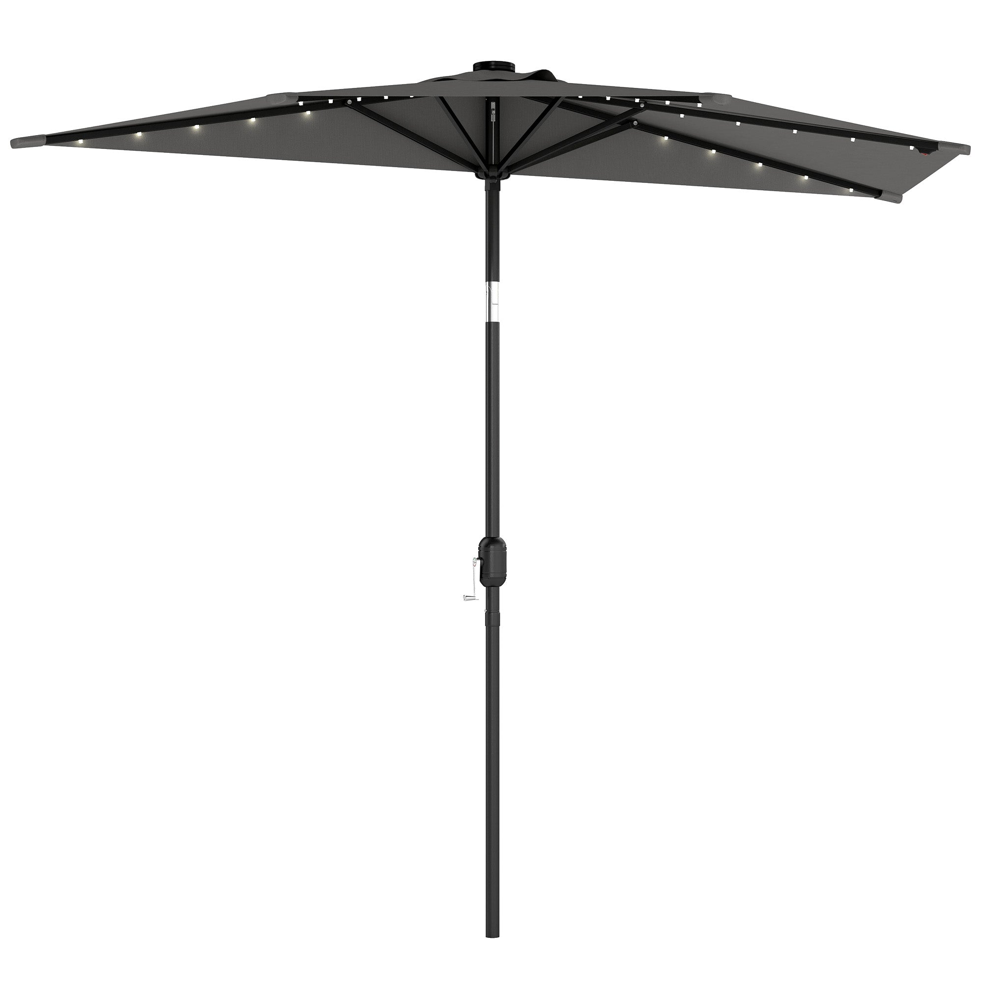 Outsunny 2.6 m Half Garden Parasol with Solar LED Lights, UPF50+ Semi Round Umbrella with 30° Tilt, Crank Handle, Dark Grey 