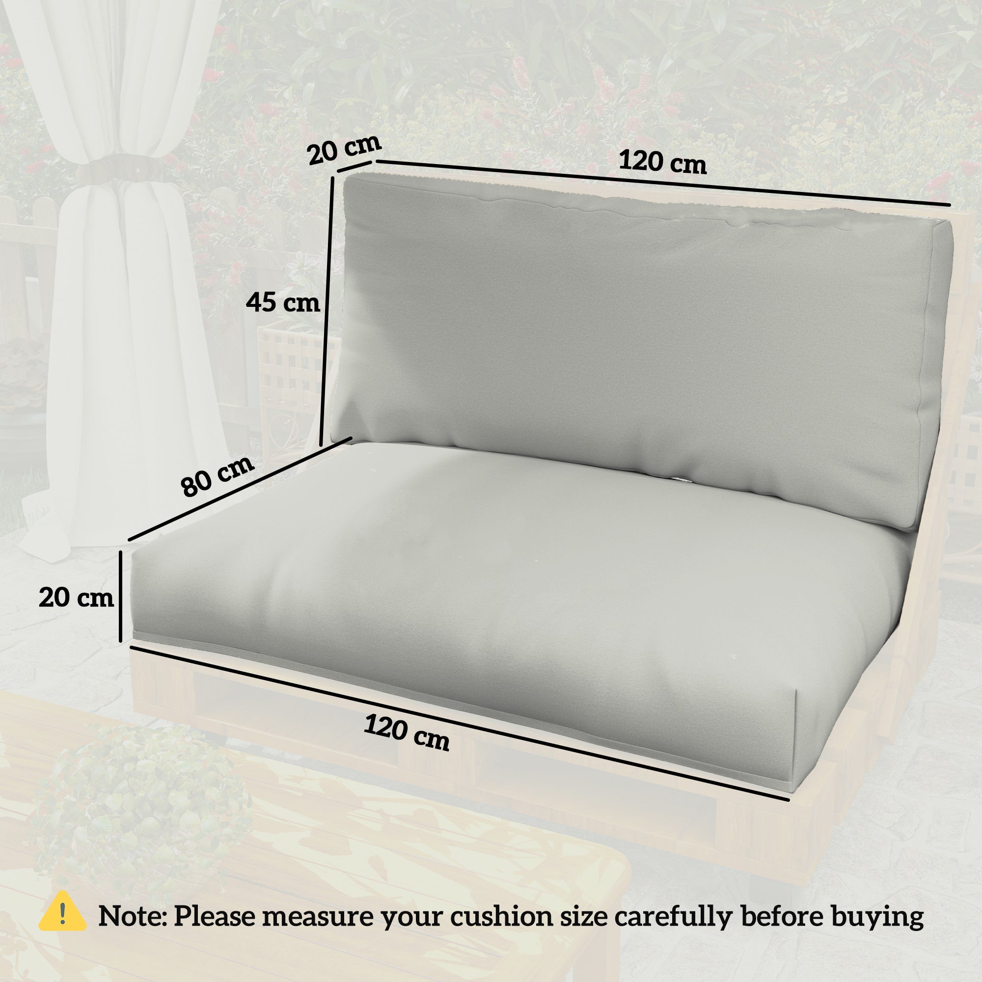 Outsunny 2 Seater Pallet Furniture Cushions Pallet Cushions, UPF20+ 220gsm Fabric, 20 cm Thick Outdoor Seat Pads, Light Grey 