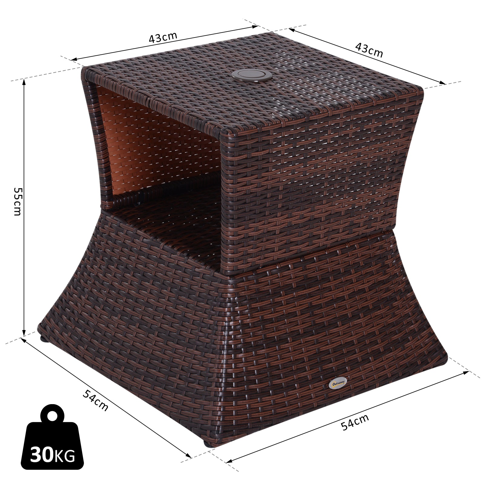 Outsunny Rattan Outdoor Coffee Table, Wicker Garden Patio Bistro Side Table with Umbrella Hole and Storage Space for Balcony, Porch, Brown 
