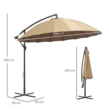 Outsunny 3(m) Cantilever Umbrella 18 Ribs & Vents Adjustable Angle for Patio Khaki 