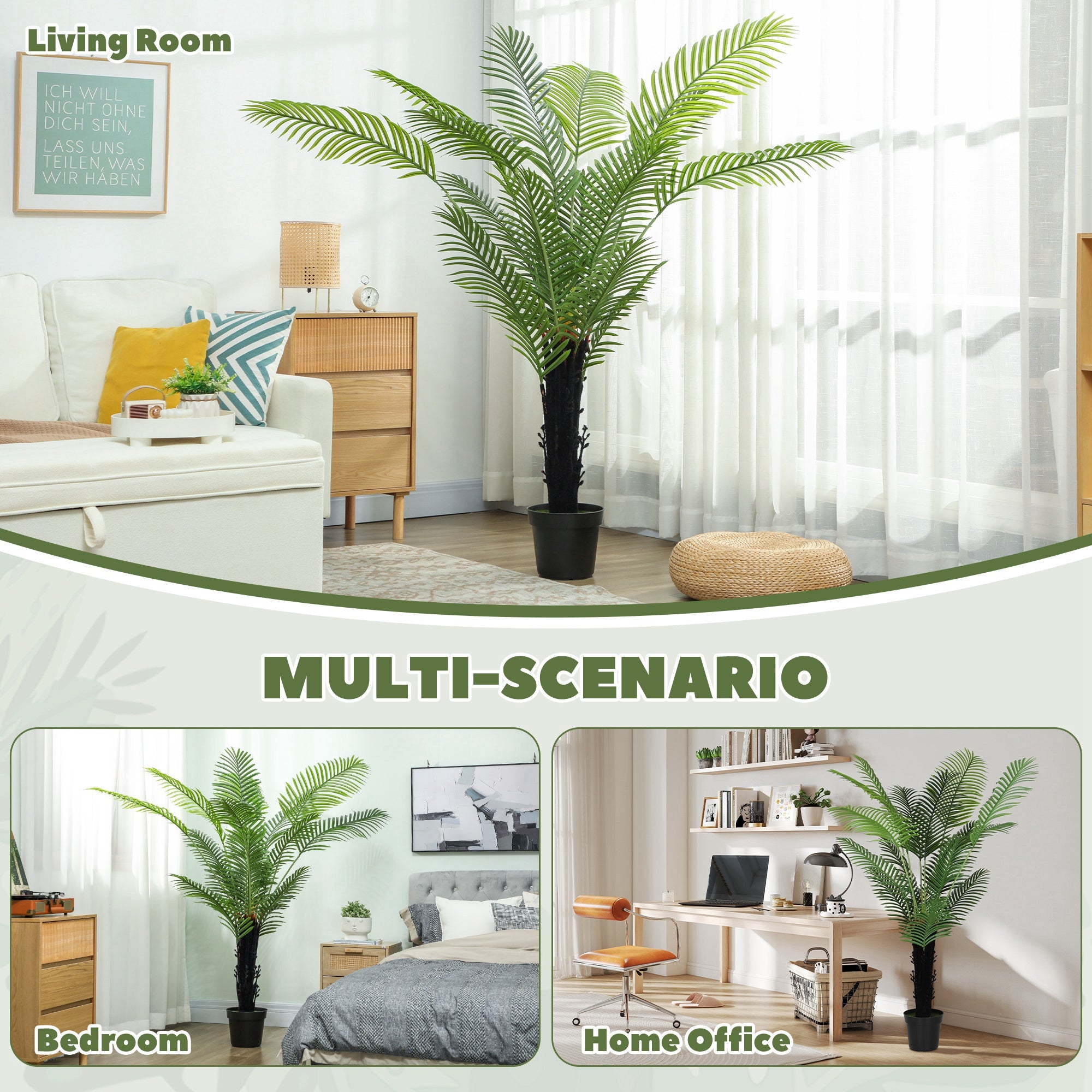 HOMCOM 175cm Artificial Areca Palm Tree with 16 PE Leaves, Decorative Artificial Plant with Plastic Pot and Flocked Soil, Fake Plant for Home Office Decor, Green